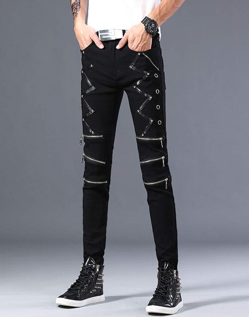 Idopy Men`s Punk Gothic Night Club Party Buckles Motorcycle Pants Biker Jeans (30, Black 1610) - Image 2
